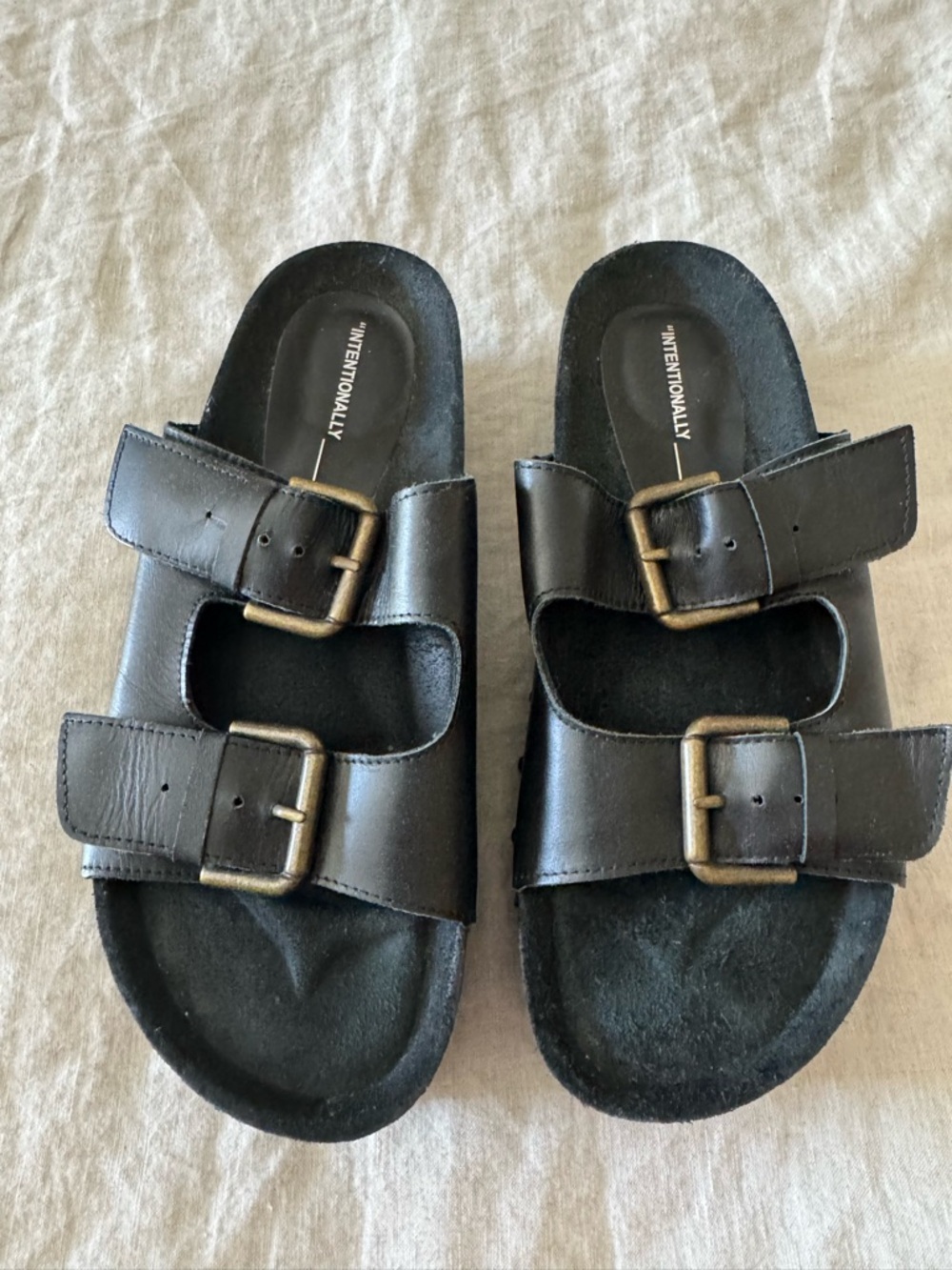 INTENTIONALLY BLANK Black Double-Buckle Slide Sandals